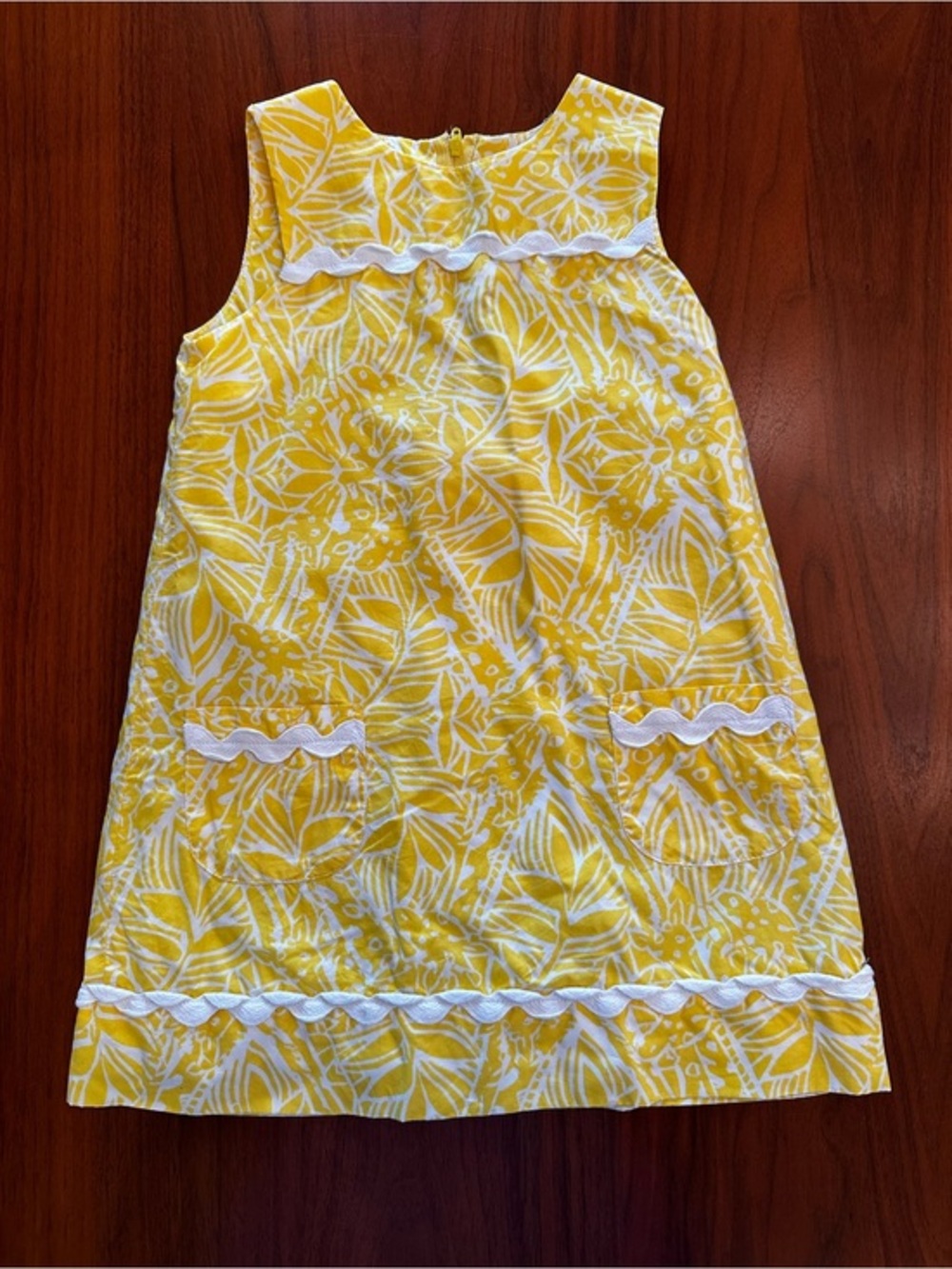 Lilly Pulitzer Yellow White Tropical Print A-Line Dress wit ric-rac size 5